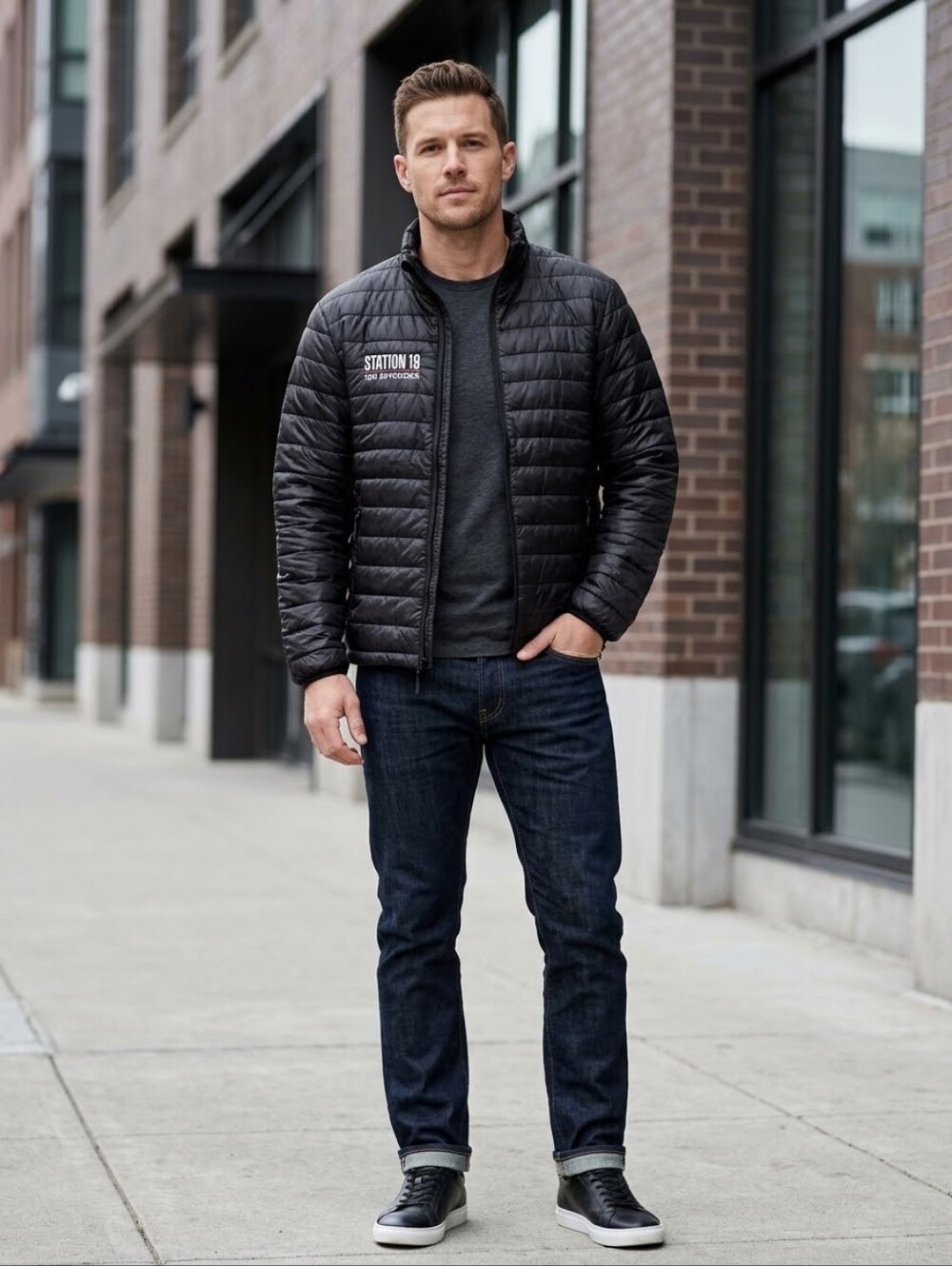 'Station 19' 100 Episodes Commemorative Men's Puffer Jacket Black Zip Pockets L